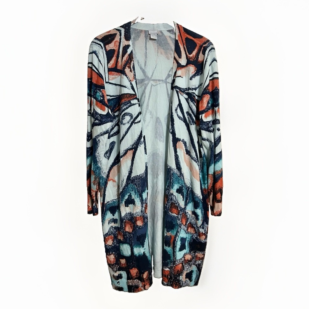 Chicos Long Open Cardigan Sweater Size 3 Duster XL Butterfly Colorful Artsy